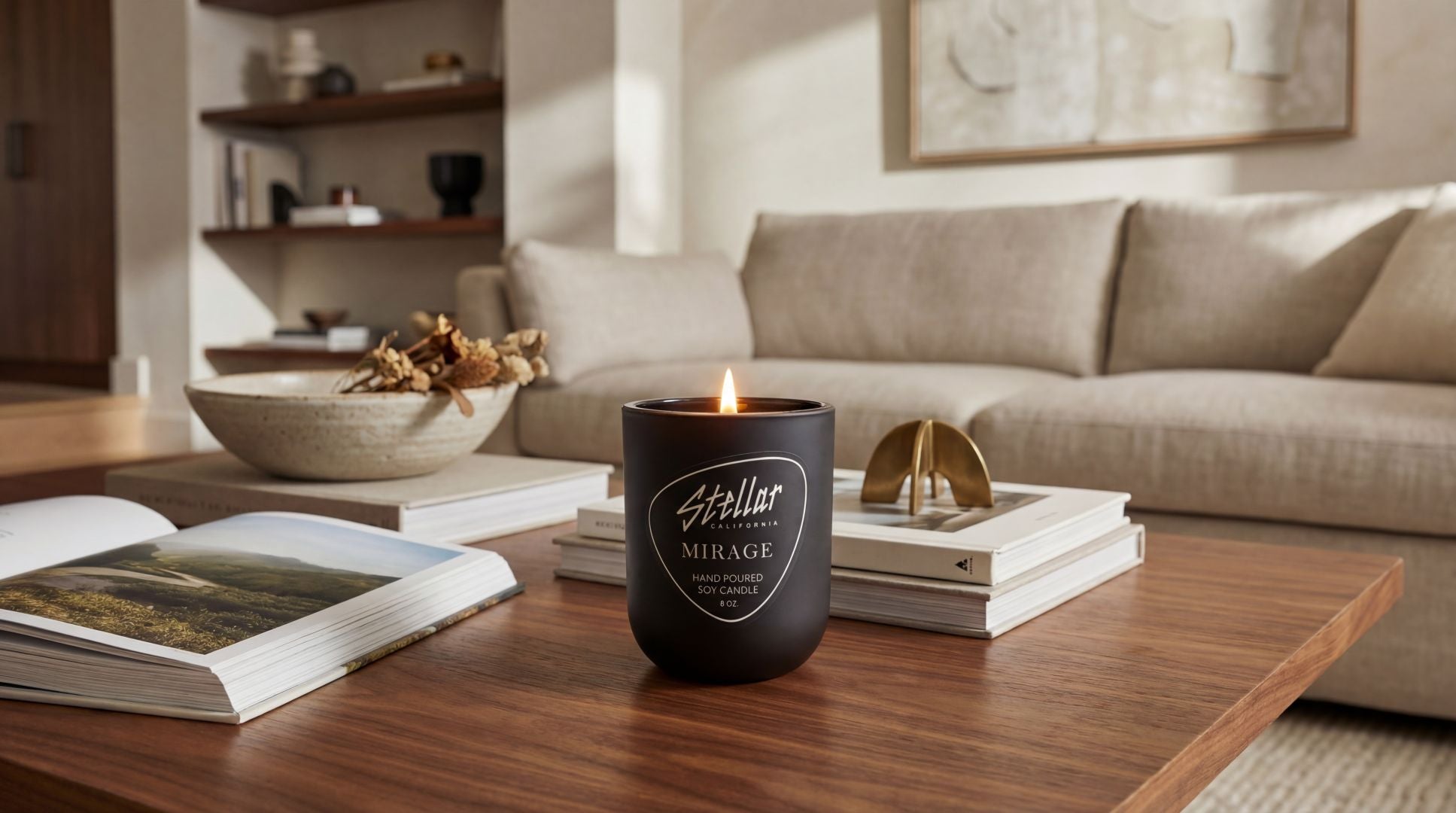 “Close-up product shot of the Mirage 8 oz soy candle with matte black finish.”