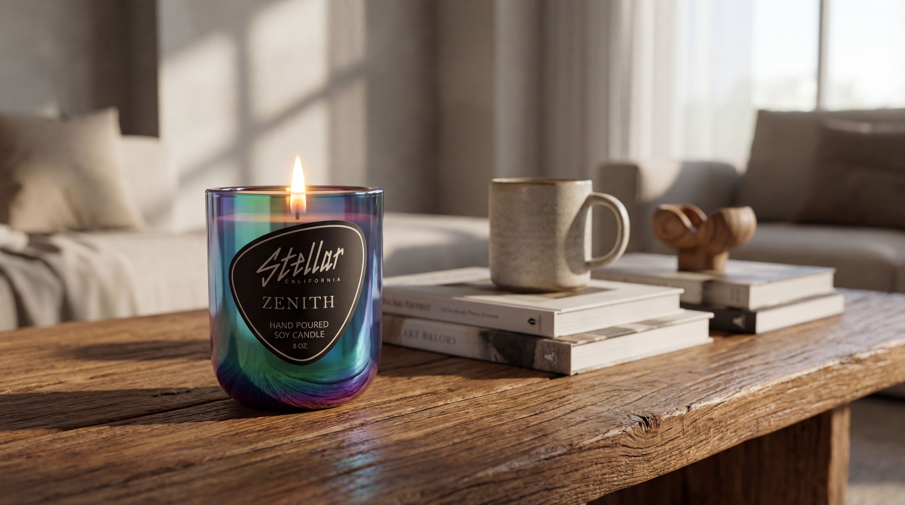 “Close-up of the Zenith 8 oz soy candle in a shimmering multicolor glass container.”