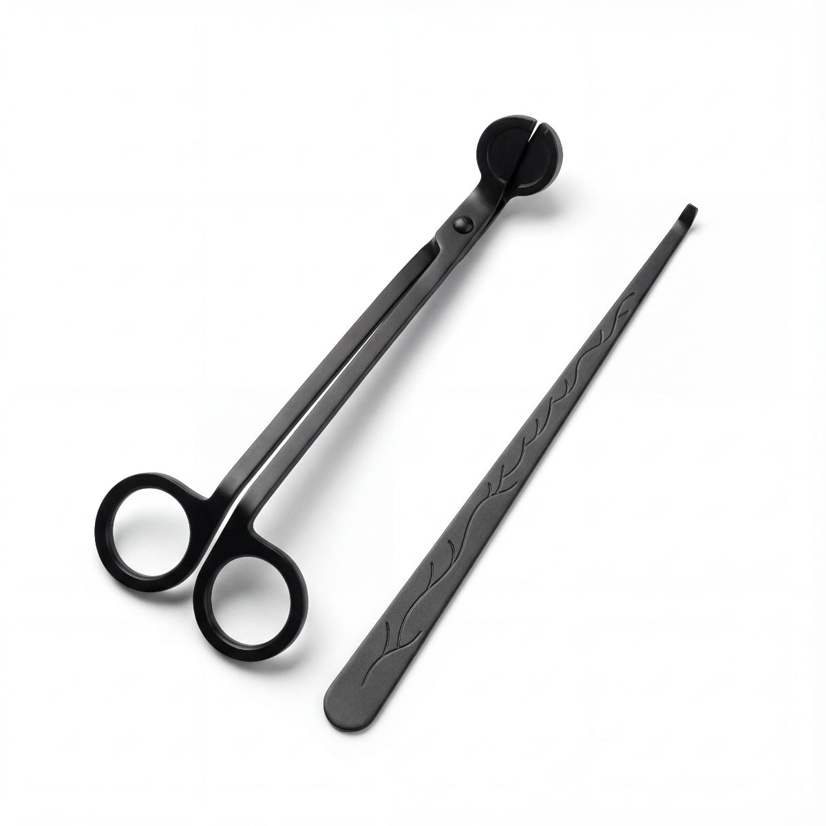 “Matte black stainless steel wick trimmer and dipper set.”