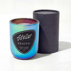 “Stellar California Zenith candle in glossy chromatic vessel.”