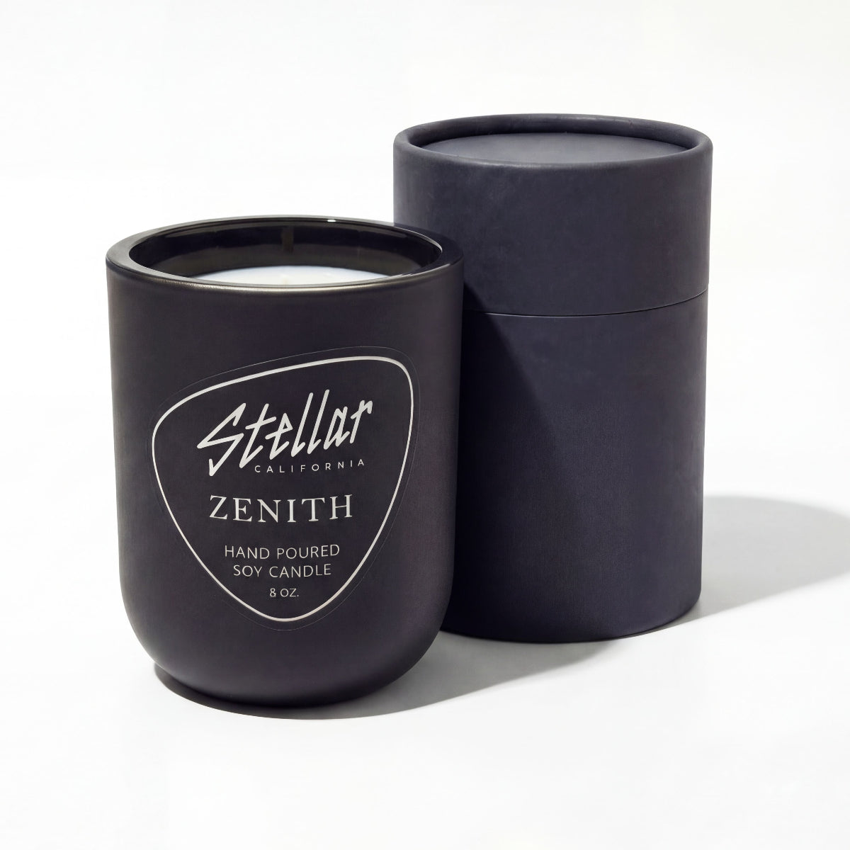 “Stellar California Zenith candle in velvety matte black vessel.”