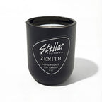 “Zenith matte black candle with aloe agave and green floral fragrance.”